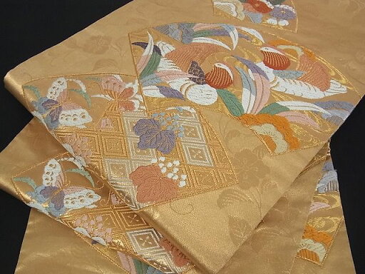平和屋着物■六通柄袋帯 唐織 地紙重ね鴛鴦花蝶文 金銀糸 逸品 by0607 平和屋着物■六通柄袋帯 唐織 地紙重ね鴛鴦花蝶文 金銀糸 逸品 by0607