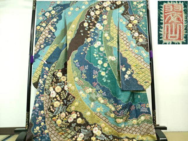 平和屋本店■極上 越後十日町の一流染匠 桐屋・翠山工房 振袖 辻が花 金通し地 逸品 DZAA7289kh5