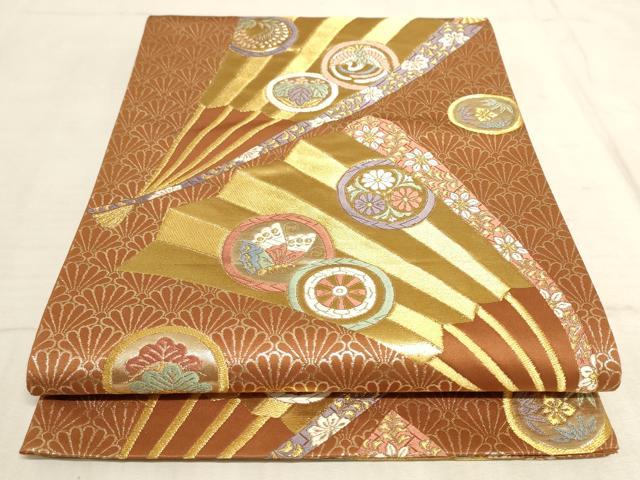 平和屋着物◎六通柄袋帯　唐織　天平錦　扇面花鳥丸文　金糸　正絹　逸品　AAAN4431pf