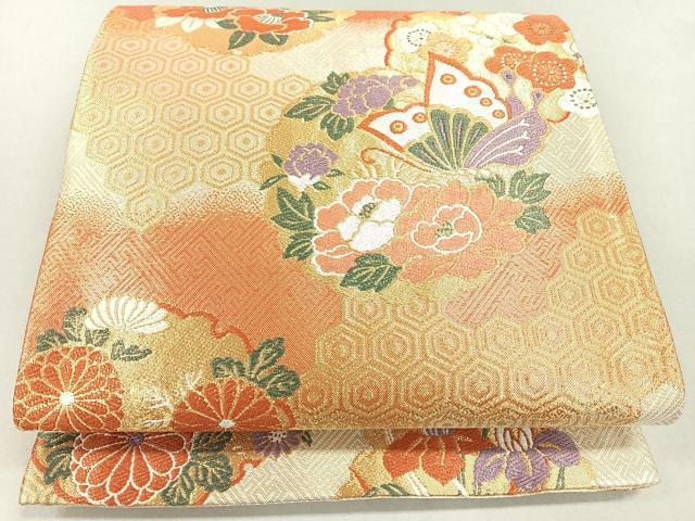 平和屋着物◎佐賀錦　六通柄袋帯　唐織　雪輪花蝶文　金糸　正絹　逸品　CAAU7594nb