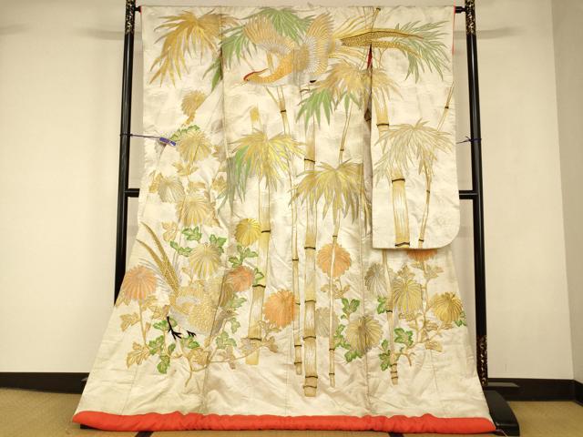 平和屋本店●色打掛　和装　婚礼　結婚式　花嫁　神社挙式　刺繍　笹竹草花雉文　金銀糸　銀通し地　逸品　AABJ2919fw