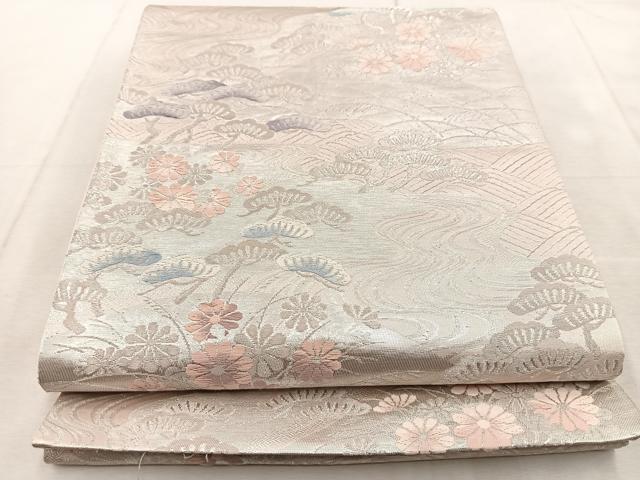 平和屋着物◎六通柄袋帯　唐織　流水草花文　銀糸　正絹　逸品　BAAU9278yc