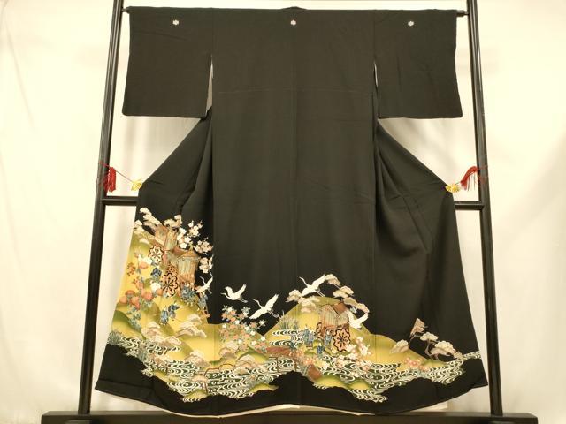 平和屋着物■豪華黒留袖　駒刺繍　御所車人物文　暈し染め　金彩　正絹　逸品　AABE3766fw