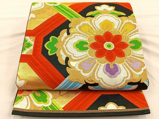 Other - 平和屋着物◎六通柄袋帯　唐織　蜀江花文　黒地　金糸　正絹　逸品　BAAT5823xa