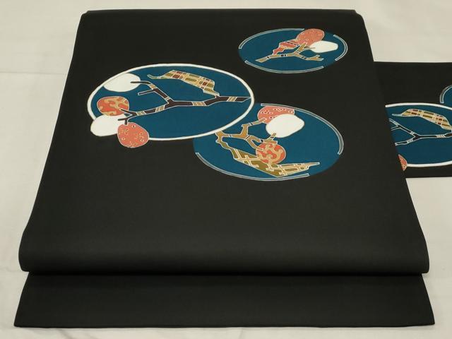 平和屋着物●塩瀬　九寸名古屋帯　枝花丸文　黒地　金彩　正絹　逸品　CABA2207dy