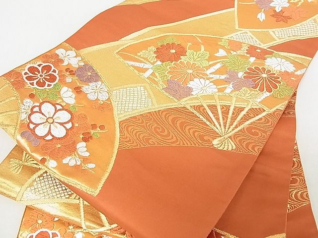 平和屋着物■六通柄袋帯　唐織　扇面花文　金銀糸　逸品　op6456