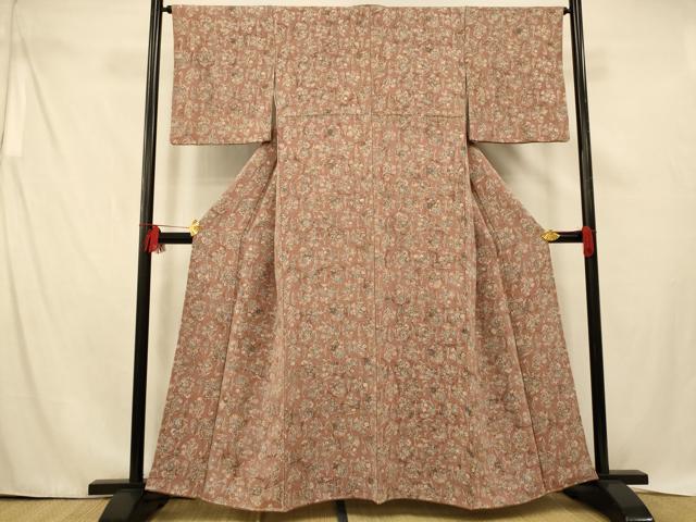 平和屋着物■上質な小紋　更紗花文　鬼しぼ縮緬　正絹　逸品　AABE3772fw