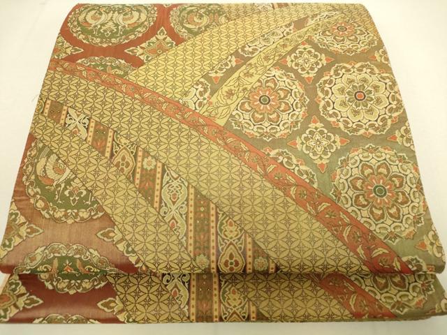 平和屋着物◎全通柄袋帯　向かい鳥正倉院花文　正絹　逸品　DAAP3188ar