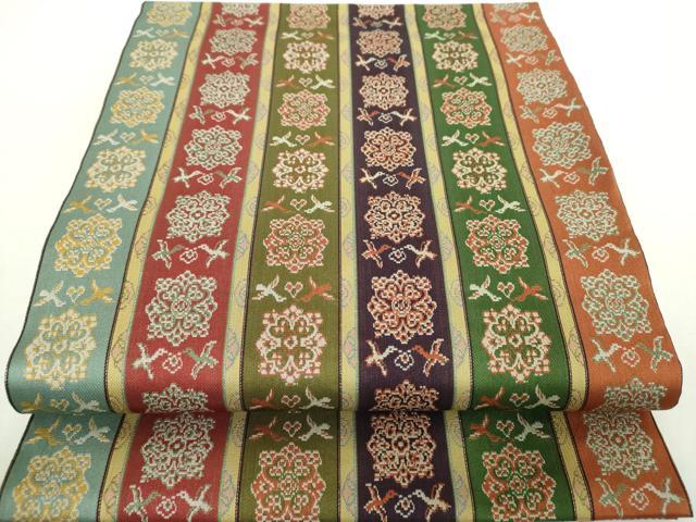 平和屋着物●龍村美術織物　九寸開き名古屋帯　唐花雙鳥長斑錦　金糸　正絹　逸品　未使用　DABA1839ps