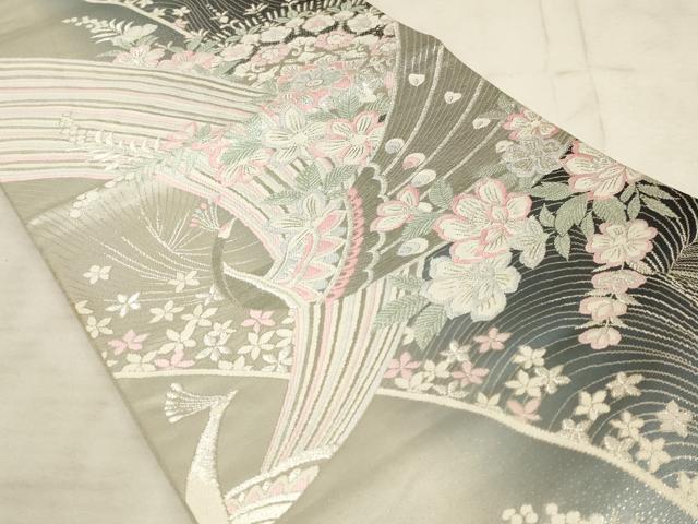 平和屋着物◎六通柄袋帯　唐織　孔雀花文　銀糸　正絹　逸品　AAAL7150pf