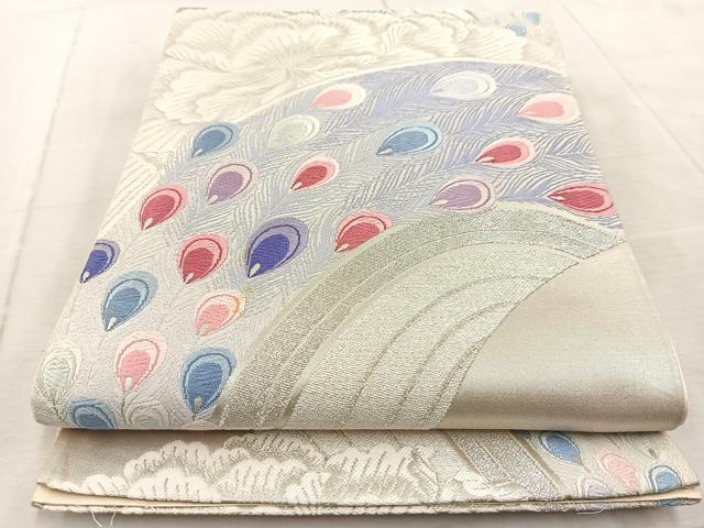 平和屋着物◎六通柄袋帯　唐織　彩羽　孔雀羽牡丹文　銀糸　正絹　逸品　BAAV6799yc