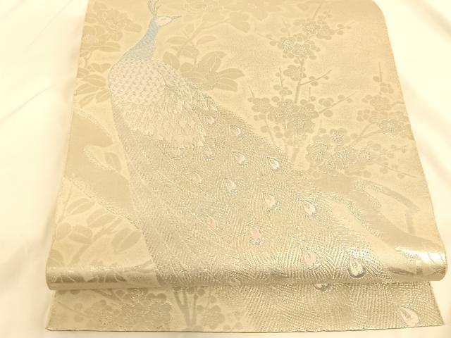 平和屋着物◎六通太鼓柄袋帯　孔雀花文　銀糸　正絹　逸品　AAAL0509Bsa