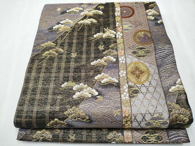 平和屋着物●人間国宝　七代　尾上菊五郎　六通柄袋帯　流水草花文　金糸　やまと誂製　正絹　逸品　CAAT0851hy