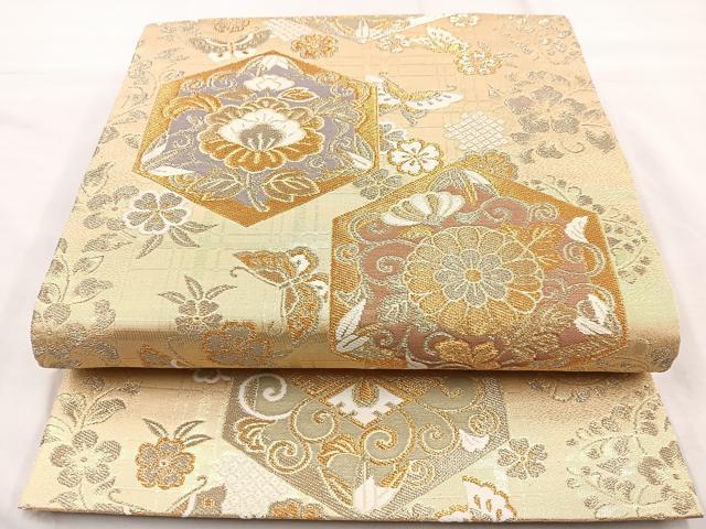 平和屋着物◎六通柄袋帯　亀甲花蝶文　金糸　正絹　逸品　BAAM6661cm