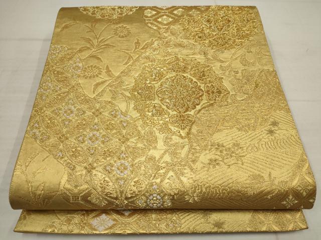平和屋着物▼六通柄袋帯　吉祥花唐草文　金糸　正絹　逸品　AABB9763wj