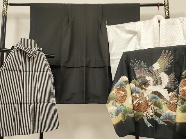 Kimono （For Girls） - 平和屋着物[]七五三　男の子　祝着・羽織・長襦袢(単衣)・行灯袴セット　鷹　鷲　松　立波丸文　暈し染め　金彩　DABA3830ma