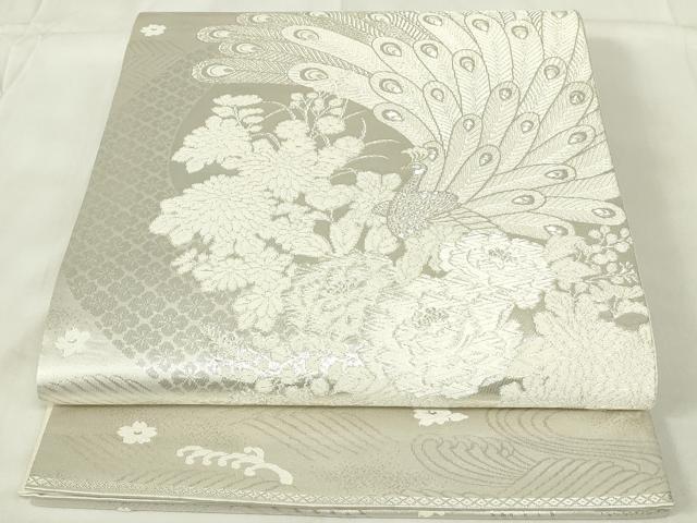 平和屋着物◎六通柄袋帯　美保姿　孔雀花文　銀糸　正絹　逸品　DABA5649qp
