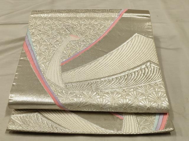平和屋着物◎六通柄袋帯　唐織　孔雀花文　銀糸　正絹　逸品　AABB3253ou