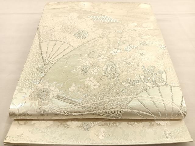 平和屋着物◎六通柄袋帯　唐織　美保姿　扇面花車文　銀糸　正絹　逸品　BAAU0810hv