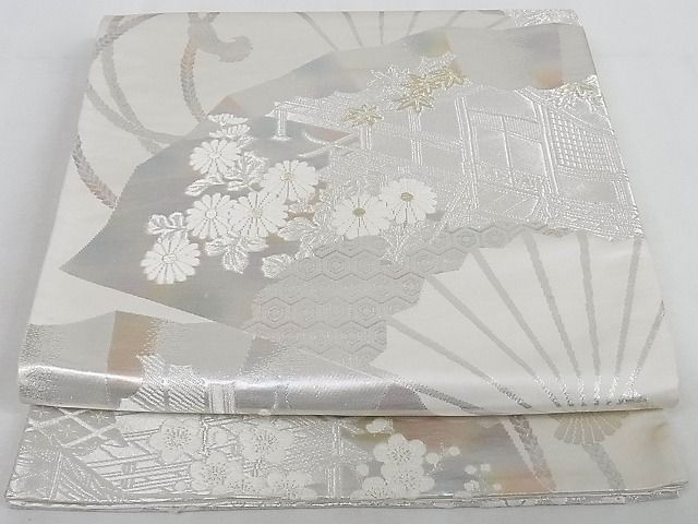Other - 平和屋着物◎六通柄袋帯　扇面風景文　金銀糸　正絹　逸品　AAAG9364Abw