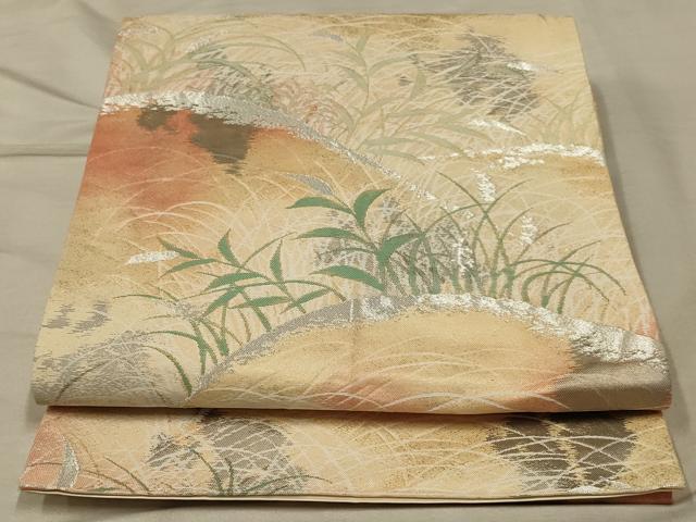 平和屋着物◎六通柄袋帯　草葉文　銀糸　正絹　逸品　AABB3254ou