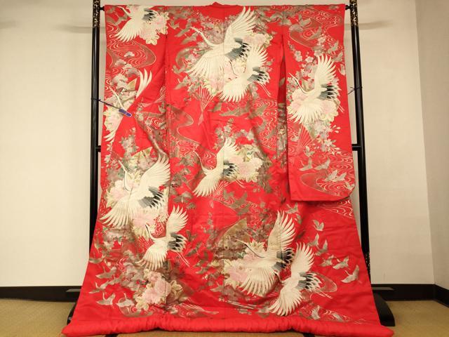 平和屋本店●色打掛　和装　婚礼　結婚式　花嫁　神社挙式　手描き　刺繍　飛鶴草花扇子文　金糸　金彩　ラインストーン　逸品　AABK8295fw