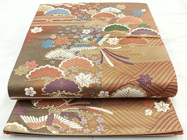 平和屋着物◎六通柄袋帯　唐織　エ霞鳳凰花文　金銀糸　正絹　逸品　BAAM6670cm