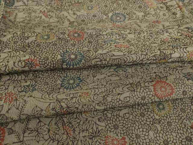 平和屋着物▽上質な小紋　単衣　型染め　菊楓文　鬼しぼ縮緬　正絹　逸品　DAAT9178az