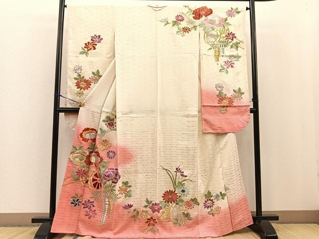 平和屋着物■豪華振袖 総刺繍 花車文 暈し染め 金銀糸 正絹 逸品 BAAN2928hv