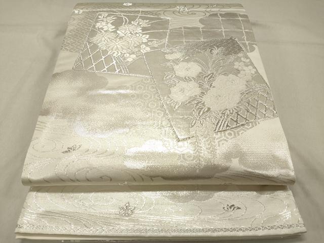 平和屋着物◎六通柄袋帯　美保姿　色紙重ね花籬文　銀糸　正絹　逸品　DAAZ5829ea