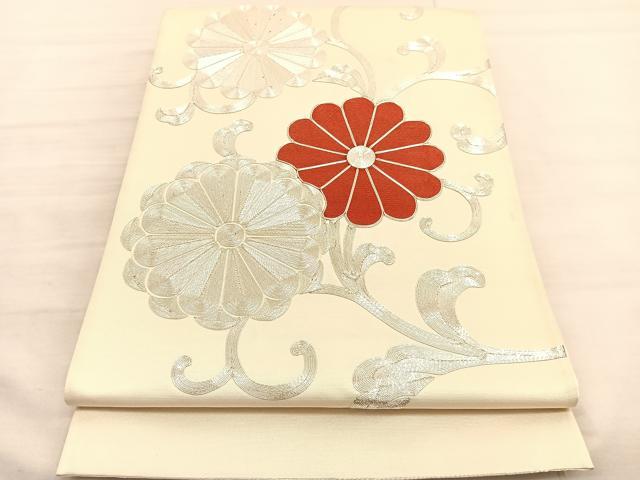 平和屋着物◎太鼓柄袋帯　総駒刺繍　花唐草文　銀糸　引箔　正絹　逸品　BAAV3292hv