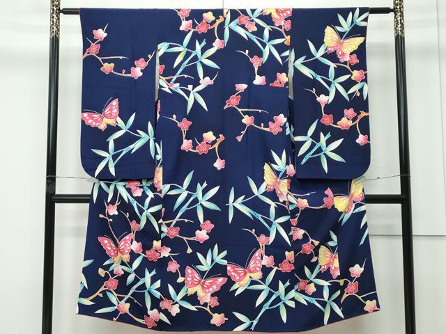 平和屋着物[]極上　七五三　女の子　7歳　祝着　型染め　笹竹花蝶文　青褐色地　逸品　CZAA4836s6