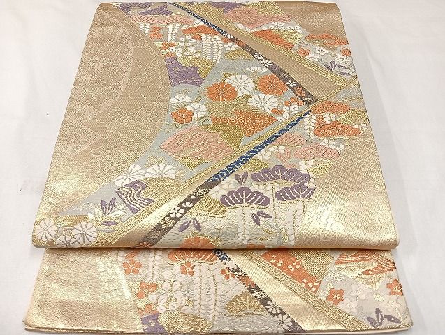 平和屋着物◎六通柄袋帯　地紙重ね花文　金糸　正絹　逸品　AAAK5113Bdt