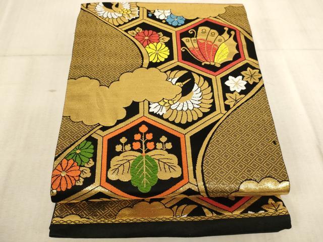 平和屋着物∵子供　全通柄袋帯　唐織　飛鶴花蝶亀甲文　黒地　金糸　逸品　AABE2392ja