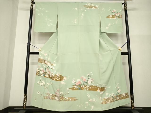 平和屋着物●訪問着　刺繍　枝花文　金彩　正絹　逸品　AABG2667ck