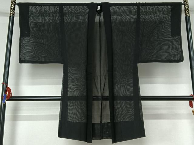 平和屋着物▽男性　長羽織　スリーシーズン　春夏秋　塵除け　暗黒色　黒地　正絹　逸品　AABI4588jh