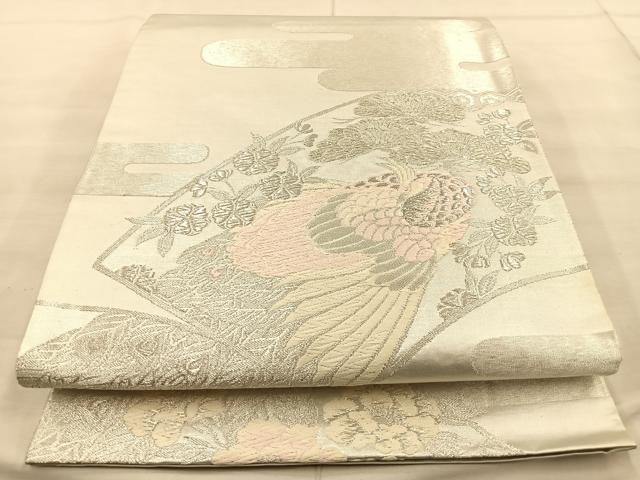平和屋着物◎六通柄袋帯　唐織　地紙孔雀文　銀糸　引箔　正絹　逸品　BAAT1853if