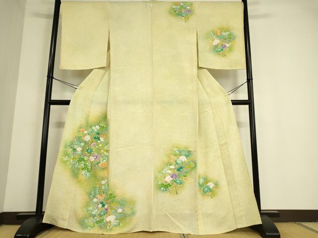 平和屋着物▽訪問着　単衣　枝花文　たたき染め　金彩　正絹　逸品　DAAT9503az