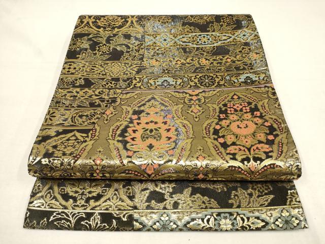 平和屋着物▼六通柄袋帯 横段花唐草文 金糸 正絹 逸品 AAAU1521wj