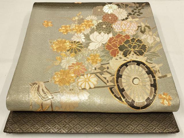 平和屋着物▼佐賀錦　太鼓柄袋帯　駒刺繍　花車文　金糸　正絹　逸品　AABF7508wj
