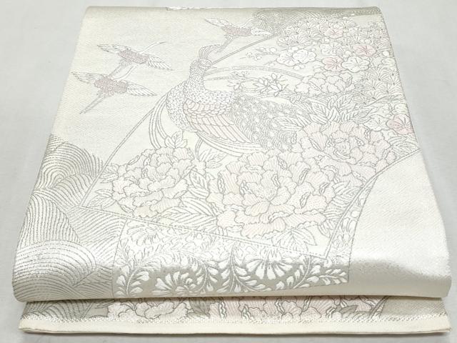 平和屋着物◎六通柄袋帯 地紙重ね孔雀飛鶴花文 銀糸 正絹 逸品 CAAZ4654fb