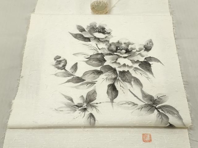 平和屋着物▼名古屋帯　帯反物　あみ織紬　髭紬　作家物　手描き　民芸手織　草花文　逸品　未使用　DABE3367we