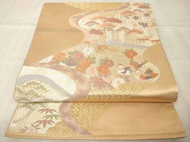 平和屋着物◎六通柄袋帯　唐織　風景花文　金銀糸　正絹　逸品　AAAJ7525Bey