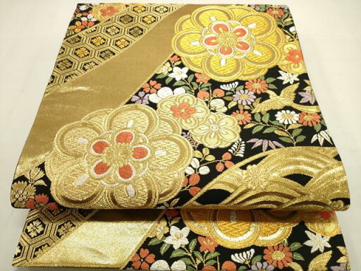 平和屋着物◎六通柄袋帯 唐織 流水花文 黒地 金糸 正絹 逸品 DAAU3087op 平和屋着物◎六通柄袋帯 唐織 流水花文 黒地 金糸 正絹 逸品 DAAU3087op