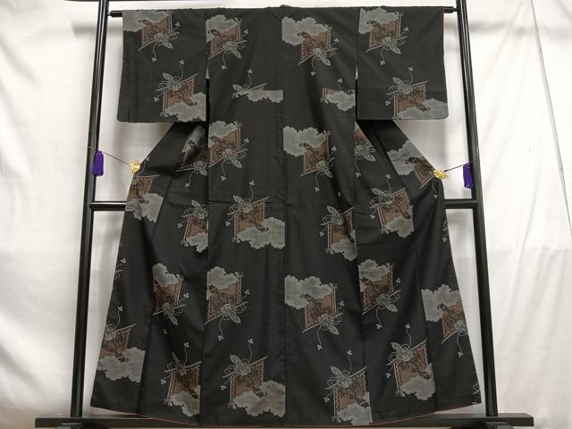 平和屋着物■上質な紬 雲取り休み鳥 黒地 正絹 逸品 AABD9057oa