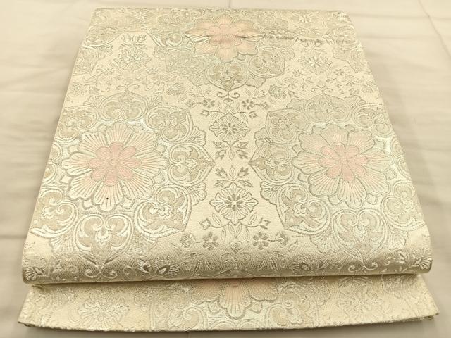 平和屋着物◎六通柄袋帯　正倉院花文　銀糸　正絹　逸品　BAAT1892if