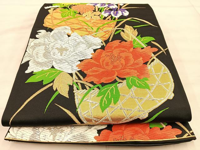 平和屋着物◎六通柄袋帯　唐織　花籠　黒地　金銀糸　正絹　逸品　BAAT1899if