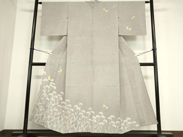 平和屋着物▽訪問着 単衣 お召縮緬 ろうけつ染め 舞蝶花文 正絹 逸品 DAAV5961az