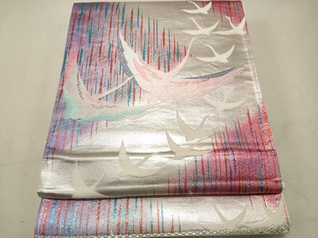 平和屋着物◎西陣　六通柄袋帯　唐織　群れ鶴文　銀糸　正絹　逸品　DAAS7023xg