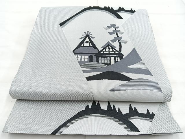 平和屋着物◎全通柄袋帯　風景文　正絹　逸品　BAAM6689cm
